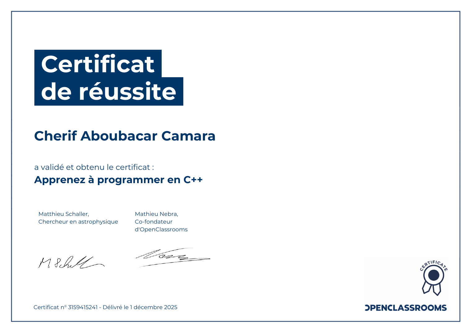 OpenClassrooms certificate — C++ programming