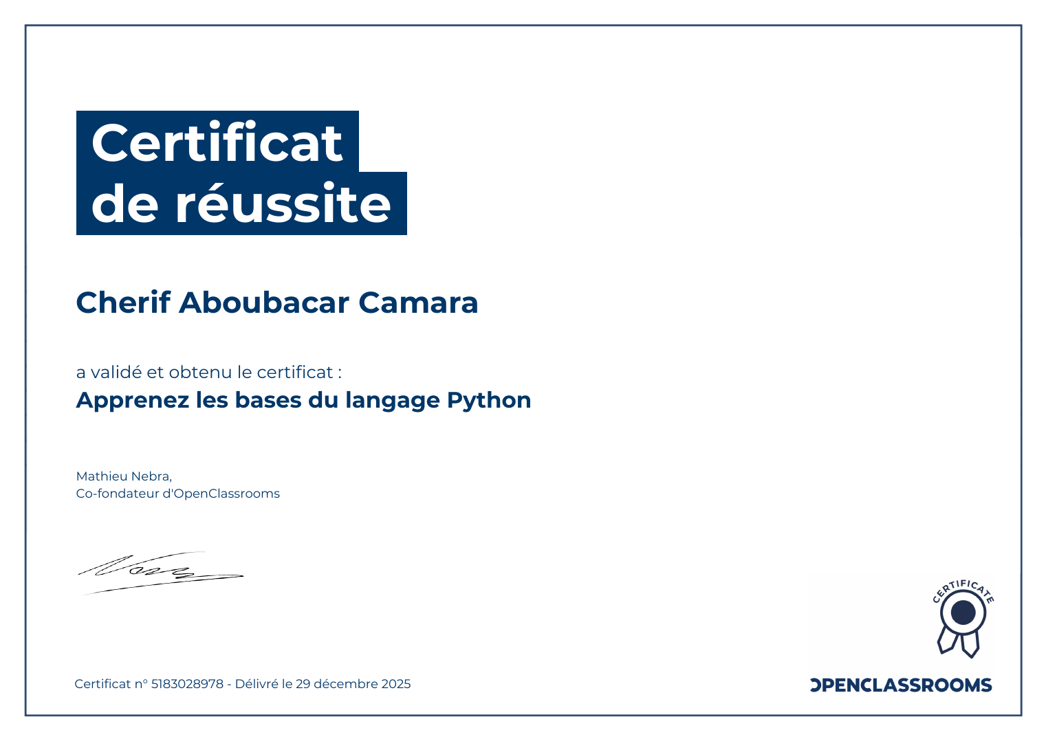 OpenClassrooms certificate — Python fundamentals